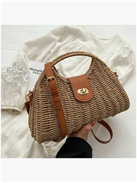Handwoven Straw Crossbody Tote Bag with Rattan Top Handle - Picture 3 of 7